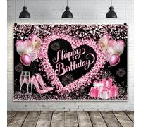 Bovlleetd Rosa e nero Compleanno felice Sfondo Cuore gigante Sfondo fotografico per Decorazione per feste 220x150cm Vinile