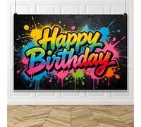 Bovlleetd Sfondo di compleanno con graffiti colorati, 2,2 x 1,5 m, con pittura spray arcobaleno e gocce, per feste in stile hip hop urbano, striscione fotografico