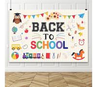 Bovlleetd Sfondo per l'inizio della scuola, 1,5 x 1 m, con simpatico gufo, libri e articoli di cancelleria, per decorazioni in classe, mostre di apertura, sfondi educativi adatti ai bambini