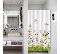 Bovlleetd Tenda da Doccia per Piante Piccole Salvia Foglia Verde Rosa Farfalla Viola Floreali Tenda da Doccia per Singolo Camminare RV Decor Tessuto Bagno Poliestere Impermeabile 92x183cm