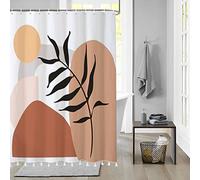 Bovlleetd White Tassel Abstract Shower Curtain Medieval Boho Geometric Graffiti Bathroom Curtain with Tassel Plant Sun Minimalist Home Tub Decor Waterproof Modern Room Art Curtain 183x214cm