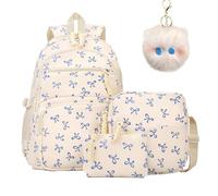 Bow Backpack for Girls, 3-Piece Bow Design Backpack Set with Matching Satchel & Mini Purse, Nylon Rucksack Kawaii School Bags Floral Preppy Backpacks for Teen, Primary, Secondary and College (A)