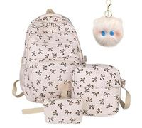 Bow Backpack for Girls, 3-Piece Bow Design Backpack Set with Matching Satchel & Mini Purse, Nylon Rucksack Kawaii School Bags Floral Preppy Backpacks for Teen, Primary, Secondary and College (C)