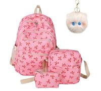 Bow Backpack for Girls, 3-Piece Bow Design Backpack Set with Matching Satchel & Mini Purse, Nylon Rucksack Kawaii School Bags Floral Preppy Backpacks for Teen, Primary, Secondary and College (D)