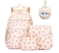 Bow Backpack for Girls, 3-Piece Bow Design Backpack Set with Matching Satchel & Mini Purse, Nylon Rucksack Kawaii School Bags Floral Preppy Backpacks for Teen, Primary, Secondary and College (B)