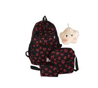 Bow Backpack for Girls with Lunchbox, 3Pcs Set Preppy Backpacksfor Girls, Cute Kawaii Large Capacity Nylon Bow Bookbag Set (Pink) (BLACK2)