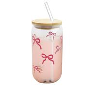 Bow Bicchiere con coperchio e cannuccia, bicchiere in vetro Matcha, in vetro rosa iced caffè, 16 oz, versatile bicchiere con coperchio per bevande calde e fredde, Clean Girl Aesthetic Room Decor