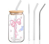 Bow Bicchiere in Vetro, 500ml Bicchiere Vetro con Coperchio e Cannuccia, Elegante Regalo per la Migliore Amica, Bicchier per Caffè Freddo, Soda, Frullato, Tè, Smoothie Matcha