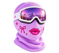 Bow & Lip Printed Ski Balaclava, Knitted Winter Funny Face Mask Women Playful Full Coverage Headwear for Adults Snowboarding Cycling Outdoor Adventures Cold Weather Fashion