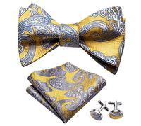 Bow Ties for Men Silk Butterfly Men Tie Yellow Gold Paisley Hanky Cufflink Suit Collar Removable Necktie (Color : A Size : One Size)