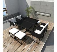 BOWEKAM Set da pranzo da esterno da 9 pezzi con cuscini in polyrattan nero-arredamento, mobili da esterno, set di mobili da esterno