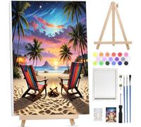 Bowetile Dipingere per Numeri Spiaggia per Adulti con Cavalletto Legno, Kit Paesaggio Lavoretti Creativi per Numeri per Principianti, Kit Pittura con Vernici Acriliche Per Decorazione 20x30cm
