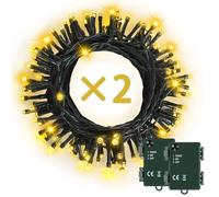 Bowfar Luci Albero di Natale a Batteria, 2 pezzi 10M 100 LED Luci Natalizie da Esterno Bianca Calda, Alimentato a batteria con Timer, Impermeabili per Interni, Giardino, Balcone, Festa(Cavo verde)