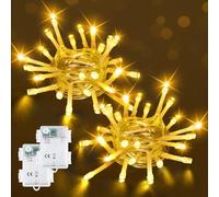 Bowfar Luci Albero di Natale a Batteria, 2 pezzi 2M 20 LED Luci Natalizie da Esterno Bianca Calda, Alimentato a batteria con Timer, Impermeabili per Interni, Giardino, Festa(Cavo trasparente)
