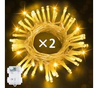 Bowfar Luci Albero di Natale a Batteria, 2 pezzi 5M 50 LED Luci Natalizie da Esterno Bianca Calda, Alimentato a batteria con Timer, Impermeabili per Interni, Giardino, Festa(Cavo trasparente)