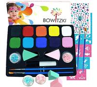 Bowitzki Face Paint Kit con 10 colori, 32 stencil, 2 pennelli, 2 glitter, 2 sponge, 1 colla per il corpo, facile da rimuovere per il viso per bambini, set di trucco per feste di Halloween