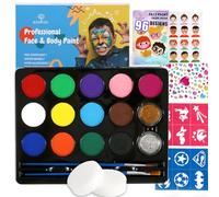 Bowitzki Face Paint Kit with 13 Colors, 12 Stencils, 2 Glitters, 2 Sponges, 2 Brushes, 1 Sheet Gems, Water Based Face Painting Kit for Kids, Safe Professional Halloween Party Makeup Set