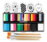 Bowitzki Kit per pittura viso professionale per bambini, 12 x 10 g, con Stencil One Stroke Split Cake non tossico, Rainbow Flora Dolphin Unicorn Flame Body Paint Makeup - Carnival Set