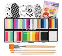 Bowitzki Kit pittura viso professionale per bambini, 12 x 10 g, Stencil One Stroke Split Cake non tossico, Rainbow Flora Dolphin Unicorn Flame Body Paint Makeup - Bright Set
