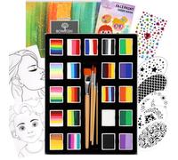 Bowitzki Set di 21 colori Split Cake Face Paint Kit Professional Face Painting Kit Kids Adults 10g One Stroke Stencil Brush Practice Board Guide Book Non Toxic Rainbow Body Makeup Halloween Christmas