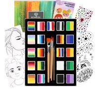 Bowitzki Set di 21 colori Split Cake Face Paint Kit Professional Face Painting Kit Kids Adults 10g One Stroke Stencil Brush Practice Board Guide Book Non Toxic Rainbow Body Makeup Halloween Christmas