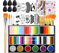 Bowitzki Split Cake Face Paint Kit with Glittle 18 Colors Professional Body Painting Set Stencil One Stroke Non Toxic Rainbow Flora Dolphin Unicorn Flame Makeup Christmas Easter - Classic Color