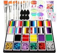 Bowitzki Split Cake Face Paint Kit with Glittle 24 colors Professional Body Painting Set Stencil One Stroke Non Toxic Rainbow Flora Dolphin Unicorn Flame Makeup Christmas Easter