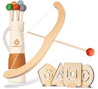 BOWRILLA® Arco e frecce per bambini in legno con 5 frecce, 4 bersagli e porta frecce | Arco con frecce per bambini per giocare al chiuso e all'aperto a partire da 3 anni | Adatto a destri e mancini