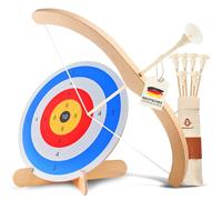 BOWRILLA® Set di Arco e Freccia per Bambini in Legno con 6 Frecce con Ventosa, Bersaglio in Legno e Faretra | Giocattolo di Tiro con l'Arco per Bambini per Giochi Indoor e Outdoor dai 3 Anni
