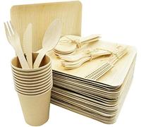 BOX And Tree| 125 Pieces Disposable Tableware, 25 Palm Leaf Plates, 25 Bamboo Wooden Cutlery Set -25 Cups