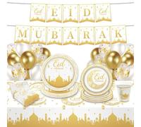 BOX And Tree | Eid Mubarak Stoviglie usa e getta, decorazione - 52 pezzi - 10 piatti grandi, 10 piatti medi, 10 tovaglioli, 10 bicchieri, 10 decorazioni a sfera, 1 striscione, 1 tovaglia