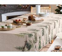 BOX And Tree | Tovaglia natalizia rotonda antimacchia con rami di abete, fiocchi di neve, alberi e motivo natalizio (150x240cm)