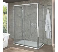 Box doccia 3 lati 70x150x70 cm H200 con porta scorrevole centrale e due fisse in vetro temperato trasparente 6 mm e profili cromati - Installazione reversibile - Linea Ted