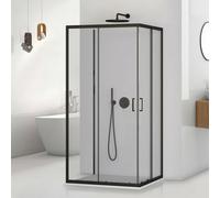 Box doccia 3 lati 70x90x70 cm nero opaco H 195 cm, parete fissa e 2 ante scorrevoli con vetro trasparente e installazione reversibile, Tay