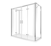 BOX DOCCIA A 3 LATI COMPOSTO DA 2 PARETI FISSE + 1 PORTA CON APERTURA TOTALE A LIBRO H 190, VETRO 6 MM (2 X FISSE 62,5-65 + PORTA 128,5-132)