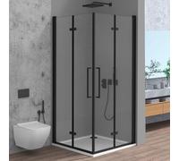 Box Doccia Angolare 70x70 Con Doppia Porta A Soffietto In Vetro Temperato Trasparente E Profili Nero Opaco - Linea Neos - H 195 Cm E Spessore 6 Mm