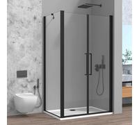 Box Doccia Angolare 80x90 Con Apertura Saloon In Vetro Temperato Trasparente E Profili Nero Opaco - Linea Neos - H 195 Cm E Spessore 6Mm