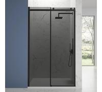 Box Doccia Porta Nicchia 110cm Apertura Scorrevole Vetro Temperato Fumè 8mm Anticalcare Installazione Reversibile Profili In Alluminio Nero Opaco Altezza 195cm Mod. Creta