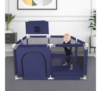Box per Bambini, Recinto con Rete Traspirante, Base Antiscivolo, Porta di Sicurezza, Centro di Attività Interno ed Esterno per 0-6 Anni, 126 * 126 * 66 cm - Blu navy