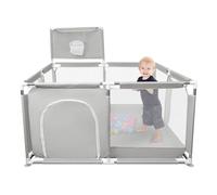Box per Bambini, Recinto con Rete Traspirante, Base Antiscivolo, Porta di Sicurezza, Centro di Attività Interno ed Esterno per 0-6 Anni, 126 * 126 * 66 cm - Grigio chiaro