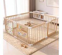 Box pieghevole in legno - Box per bambini in legno naturale, portatile, con dimensioni e forma regolabili, include 2 tavole da gioco, 10+ set di giocattoli, adatto per uso interno (130 x 130 x 61 cm)