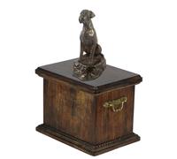 Urna commemorativa in legno massiccio per le ceneri del cane, con statua del can