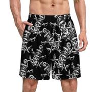 Boxer da Pigiama da Uomo in Raso con Motivo a Teschio Pirata, Spade e, Effetto Seta, Biancheria Intima da Notte