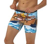 Boxer da uomo a lunghezza estesa, con fascia elastica e motivo animali sull'arca di Noè, Nero, XXL
