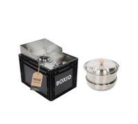 BOXIO - COOK Plus: Set di Fornello da Campeggio con Spazio di Stoccaggio, Protezione dal Vento e Set di Pentole da Campeggio, Fornello a Gas con Cartucce per Campeggio, Outdoor, Vanlife e come