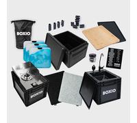 BOXIO - Kitchen Bundle: cucina da campeggio mobile senza elettricità con scatola di cottura, lavandino e fornello a gas con accessori esterni, tagliere di raffreddamento, cuscino di seduta UVM.