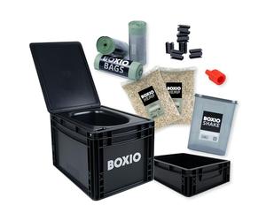 BOXIO Toilet MAX+ - Set completo di servizi igienici separatori mobili, WC compatto da campeggio, 40 x 30 x 28 cm, con rialzo per WC, 3 sacchetti, 2 lettiera di canapa, 6 clip, colore nero
