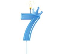 BOXOB 7,6cm Candele Numeri Torta, Blu 3D Candele di Compleanno Numero con Corona Candele a Forma di Numero per Compleanno Anniversario Feste (Numero 7)