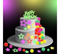 BOXOB 71pz Decorazioni per Torte Fluorescenti, Toppers Cupcake Happy Birthday a Forma di Stella Neon per Feste di Compleanno e Matrimoni con Reattività Alla Luce Nera