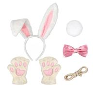 BOXOB Set di Costumi da Coniglio, Fascia per Capelli con Orecchie da Coniglio in Peluche Bianche Rosa Papillon Guanti Coda e Corda Graziosi Accessori per Donna Feste Halloween Pasqua e Cosplay